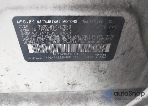 2019 Mitsubishi Mirage Rf from USA, damaged, VIN ML32A3HJ3KH010372